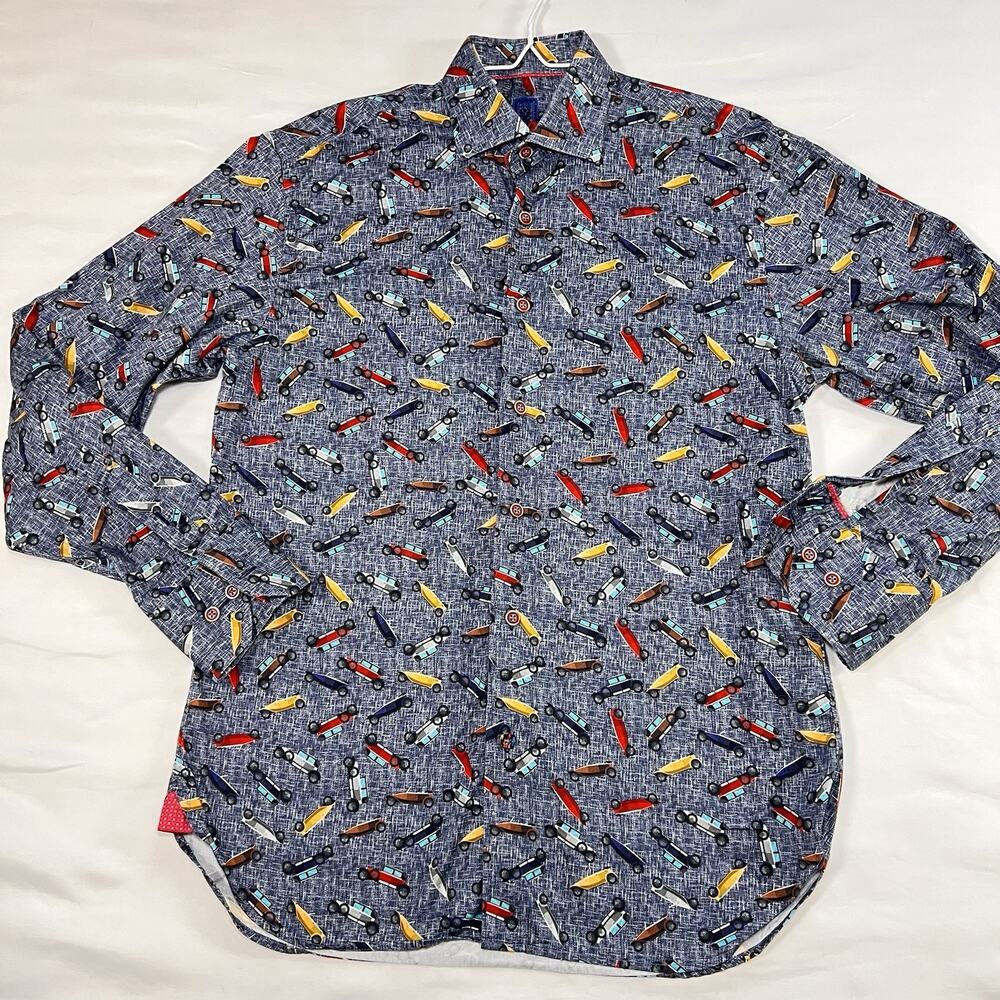 Luchiano Visconti Statement Shirt Men Size S Blue Cars All Over Print Button Up